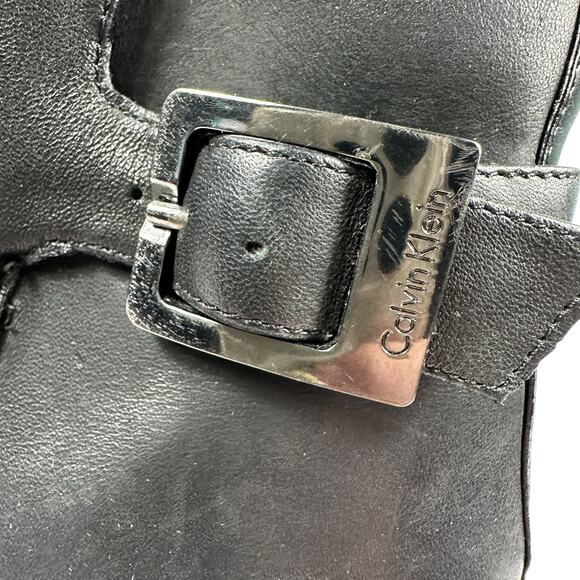 Calvin Klein Neema Heeled Leather Boot Black Womens Size 8.5 Chunky Heel Buckle - Picture 7 of 13